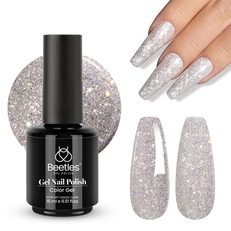 Beetles Silver Gel Nail Polish - Silver Party, 15ml Glitter Gel Polish, Soak Off UV LED Needed Nail Art Manicure Salon DIY Design at Home Summer Gifts for Woman