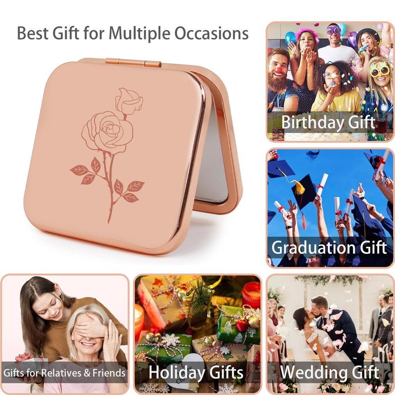 PDOZV Small Compact Mirror, Rosegold Square 2.8”×2.8” Metal Frame Smooth Style Double Sided Mini Magnifying 1X/2X Mirror for Purse Can be Used as Gifts for Woman (RG02)