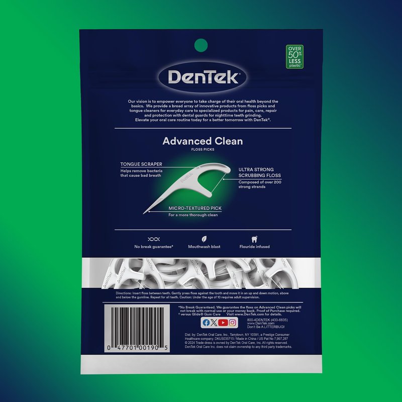 DenTek Advanced Clean Floss Picks with No Break & No Shred Dental Floss, Plaque Remover, 150 Count