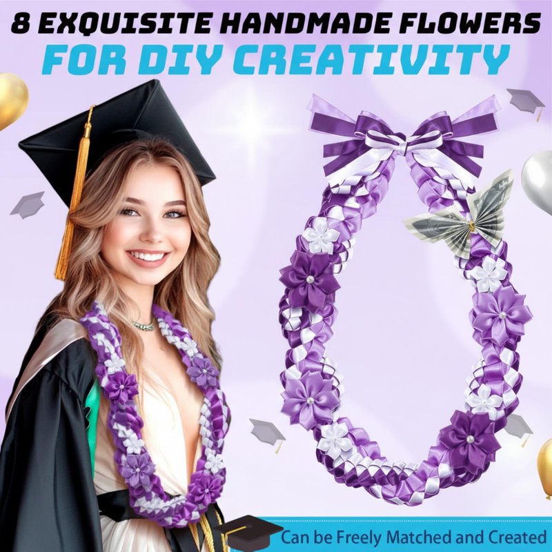 Lyrow 50" Graduation Lei 2026 Double Braided Graduation Ribbon Money Lei with 4 Satin Flower Handmade Grad Necklace Class of 2026 Grad Gift Accessories for Men Women(Purple)