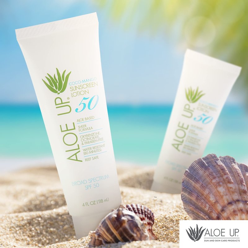 Aloe Up White Collection SPF 50 | Sunscreen Lotion for Face & Body with Aloe Vera Gel | Water Resistant up to 80 Minutes | Reef Friendly, Non Greasy, Fast Absorbing | Coco Mango Fragrance 4 Oz