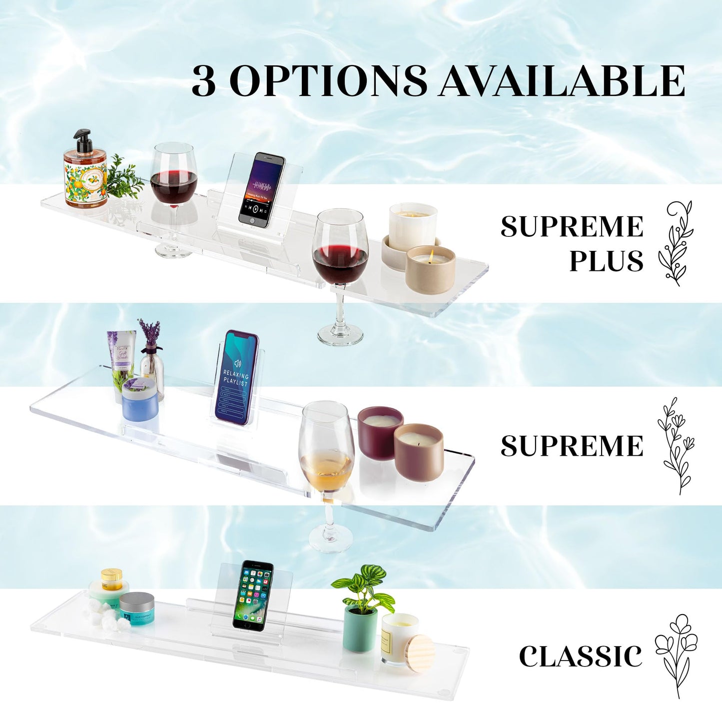 Rebecca Luxurious Bath 34" Supreme Plus- Luxury Bathtub Tray Caddy- 3/8" Thick, Clear Bath Tub Tray Table for 1 or 2 Bathers, Acrylic Bathtub Caddy, iPad and 2 Wine Glass Holders (Supreme Plus, 34")