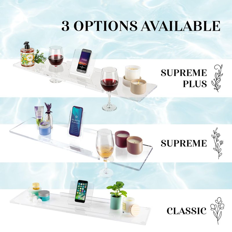 Rebecca Luxurious Bath 34" Supreme Plus- Luxury Bathtub Tray Caddy- 3/8" Thick, Clear Bath Tub Tray Table for 1 or 2 Bathers, Acrylic Bathtub Caddy, iPad and 2 Wine Glass Holders (Supreme Plus, 34")