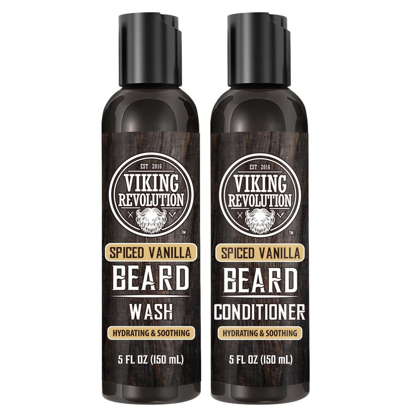 Viking Revolution Beard Wash and Beard Conditioner for Men with Argan Oil and Jojoba Oil - Beard Softener and Strengthener Beard Care Beard Shampoo and Conditioner with Beard Oil (5oz, Spiced Vanilla)