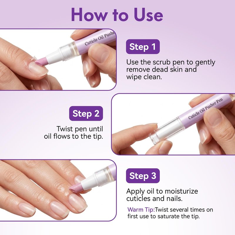 Glopink 2 in 1 Cuticle Oil Pusher Pen, Ceramic Cuticle Pen with 2ml Lavender Oil, Gentle Cuticle Remover Pen for Hangnails, Dry & Damaged Nails, Exfoliates, Strengthens, Polishes, Smoothes, 3 PCS