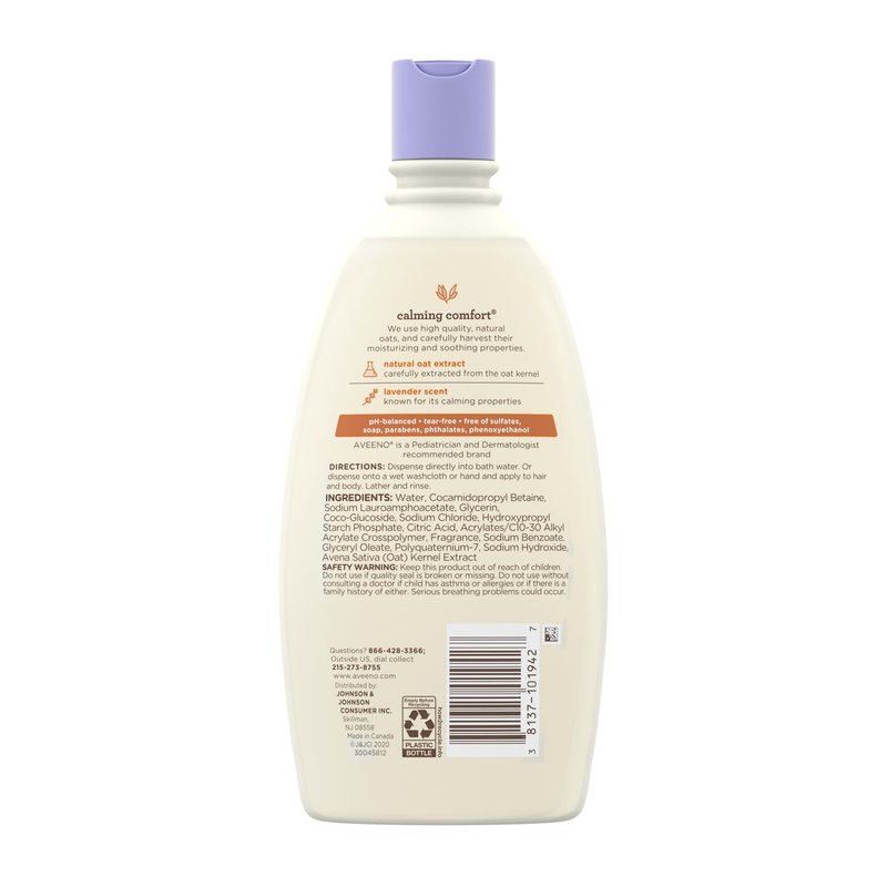 Aveeno Baby Nighttime Calming Comfort Bath, Baby Body Wash for Skin & Hair with Natural Oat Extract, Soothing Lavender & Vanilla Scent, Tear-Free Formula, No Added Parabens & Phthalates, 18 Fl Oz
