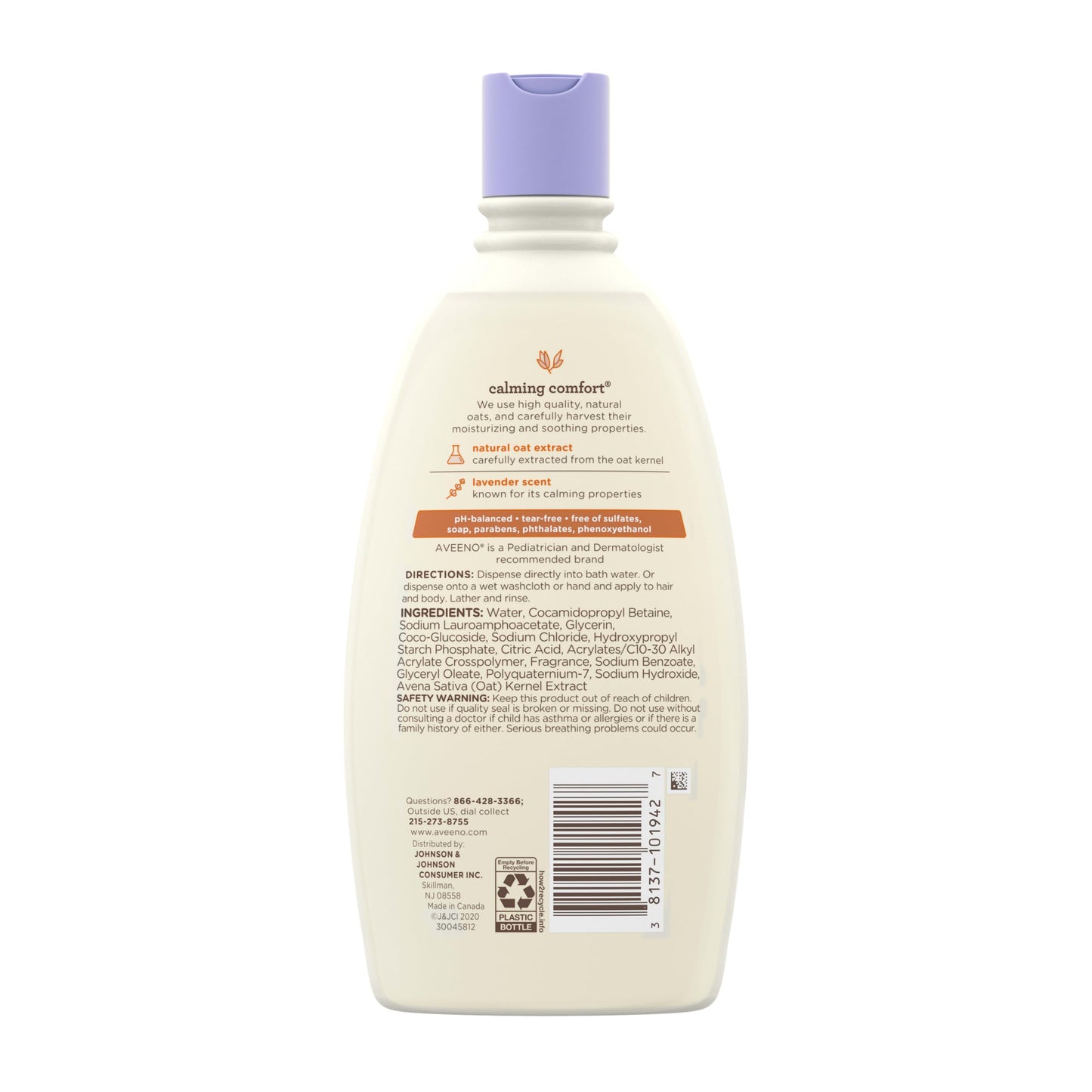 Aveeno Baby Nighttime Calming Comfort Bath, Baby Body Wash for Skin & Hair with Natural Oat Extract, Soothing Lavender & Vanilla Scent, Tear-Free Formula, No Added Parabens & Phthalates, 18 Fl Oz