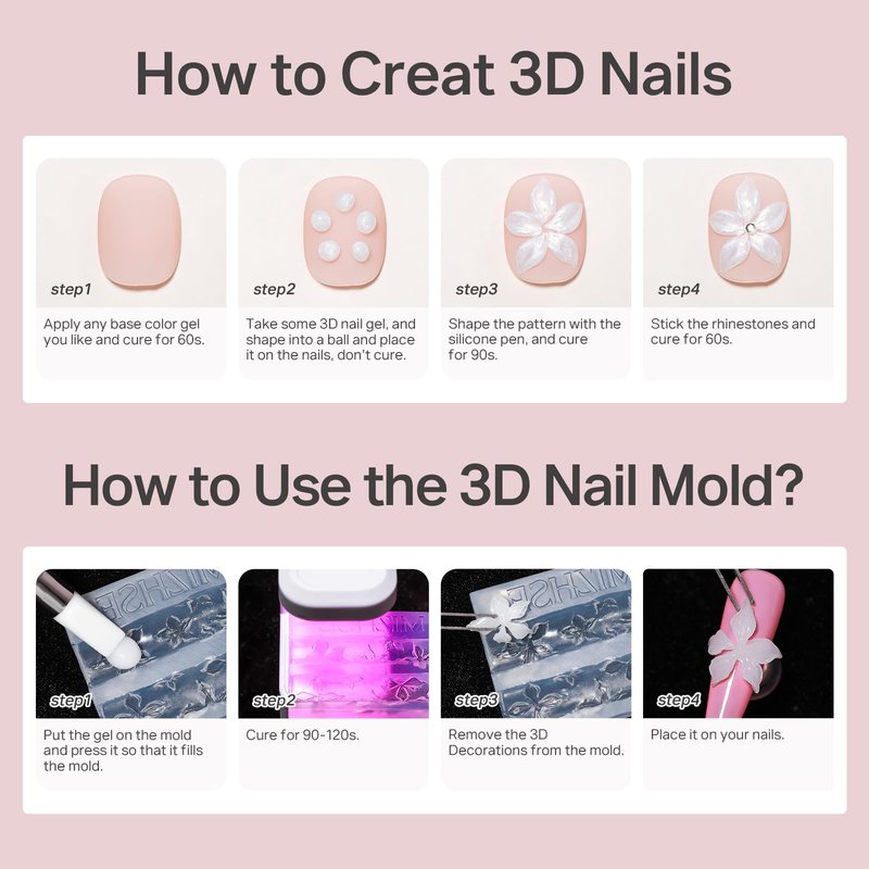 MIZHSE 2Pcs 3D Nail Gel Sculpting Gels, Clear and White Solid Builder Gel for Nails with Silicone Nail Molds Molding Gels 3D Art Non-Sticky Hand UV LED for Nails Salon Home DIY