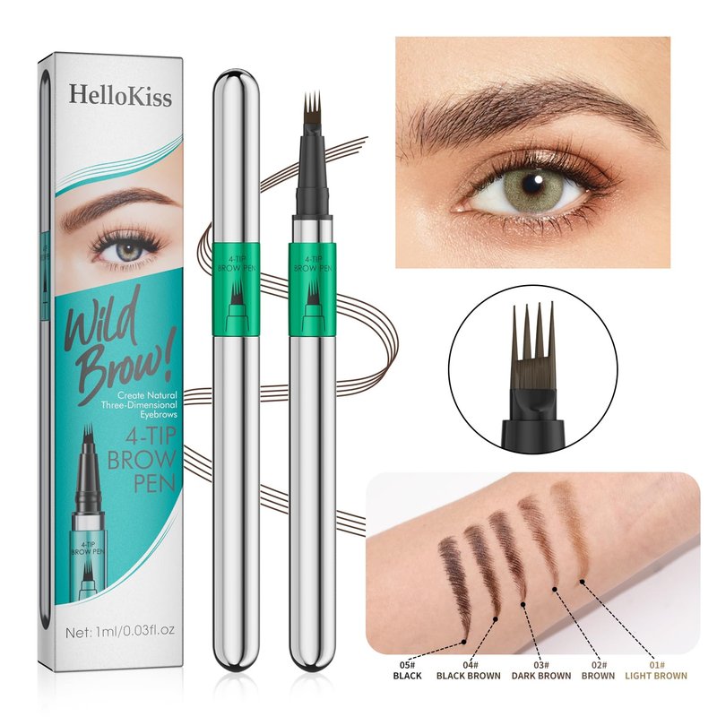 2 Pcs Microblading Eyebrow Pen Set with Eyebrow Brush, 3D Waterproof 4-Tip Precision Eyebrow Pencil, Long-Lasting Natural Fine Stroke Magic Eyebrow Pencil for Women Stay All Day (Dark Brown)