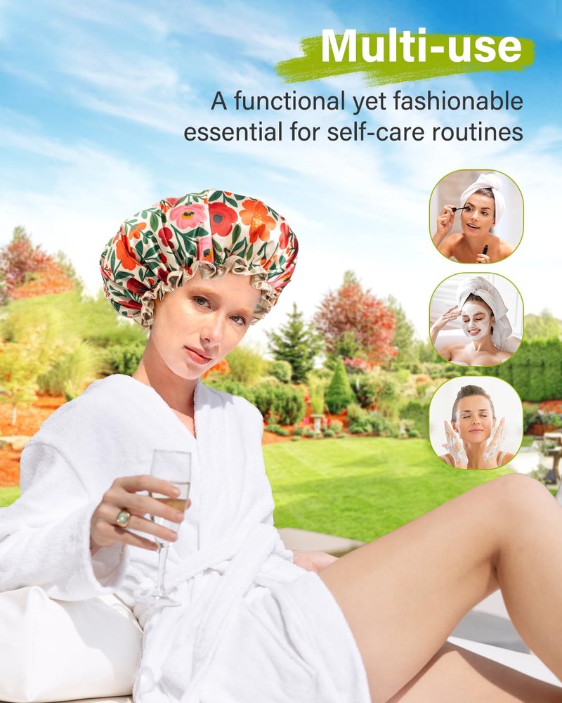 mikimini Large Shower Cap for Women Reusable Waterproof, Extra Large Hair Cap with Adjustable Elastic Band and Vibrant Floral Print, XL Bath Cap for Long Hair & Short Hair