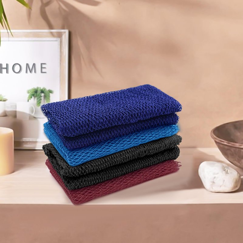 4 Pieces Nylon African Exfoliating Net Sponge, Authentic African Net Sponge for Bath and Shower, Body Scrubber Back Exfoliating Bath Accessories (Black, Dark Blue, Light Blue, Brown)
