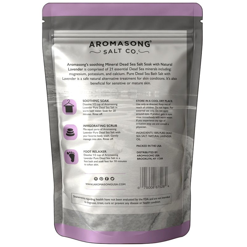 Aromasong Pure Dead Sea Salt for Soaking with 100% Natural Lavender, 5 LB - Spa Bath Salt Fine Grain - Body Wash Scrub - Soak for Women & Men- Bulk Resealable Pack (Packaging May Vary)
