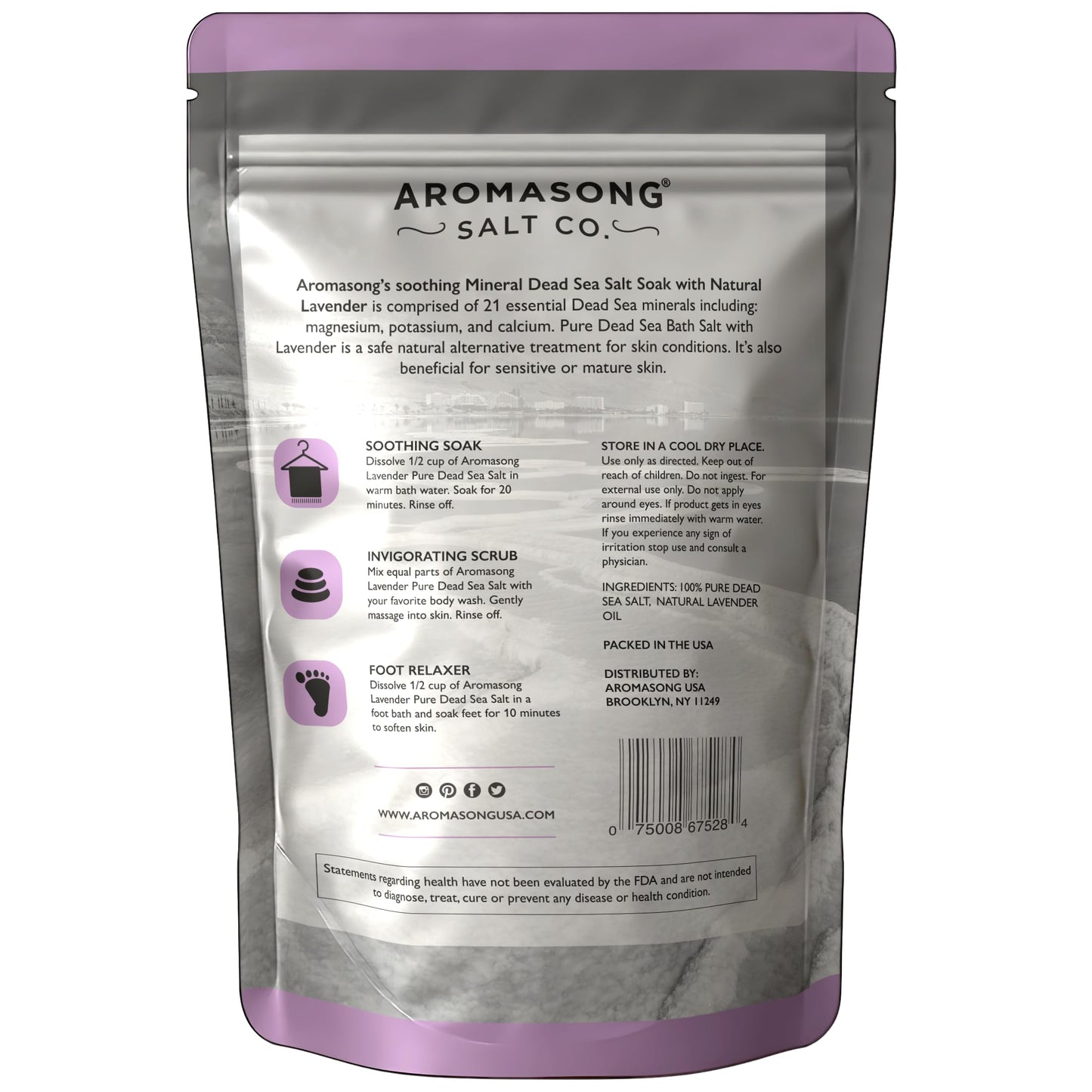 Aromasong Pure Dead Sea Salt for Soaking with 100% Natural Lavender, 5 LB - Spa Bath Salt Fine Grain - Body Wash Scrub - Soak for Women & Men- Bulk Resealable Pack (Packaging May Vary)