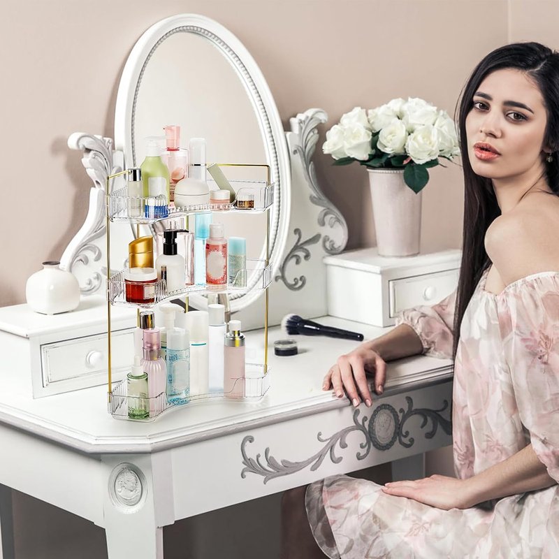 Cididu 3-Tier Corner Bathroom Organizer - Clear Countertop Shelf with Gold Metal Pole | Skincare & Perfume Storage