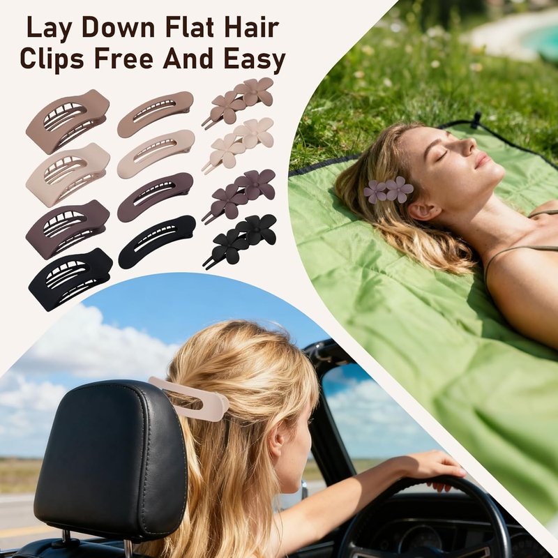 Flat Hair Clips for Women - 12 Pack Matte Neutral Square Claw Clips | Soft Touch Barrettes & Flower Pins in Black, Blonde, Brown