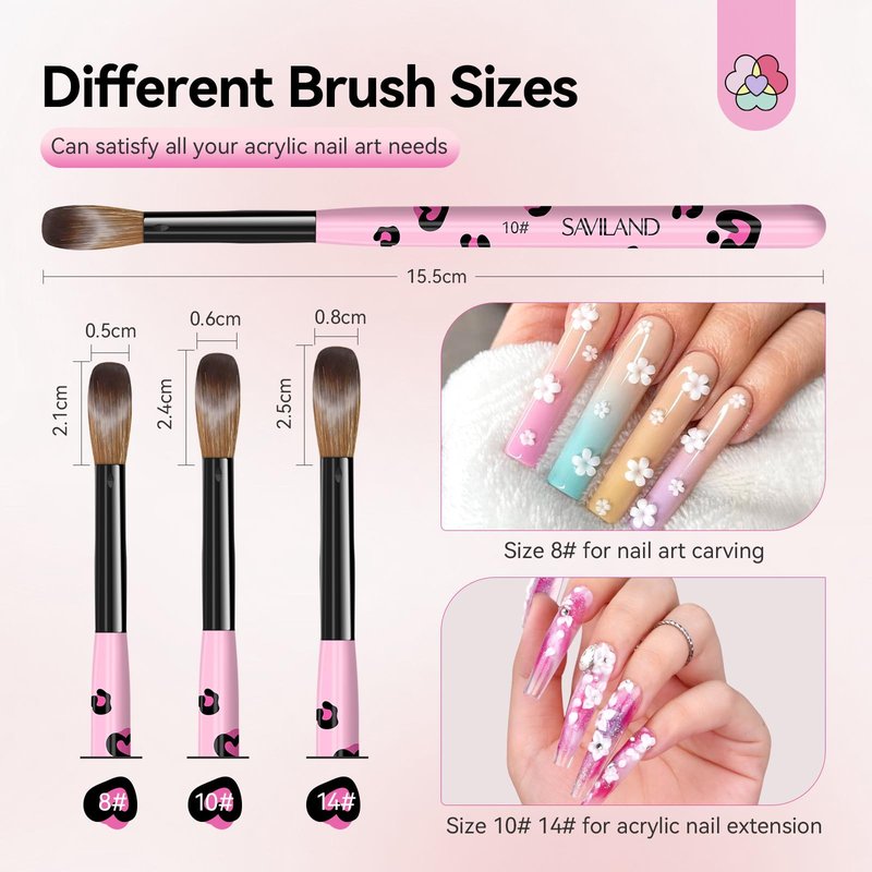 SAVILAND Acrylic Nail Brush Set: 3 Pcs Acrylic Brushes for Nails, Size 8/10/14 Professional Nail Art Brushes for Acrylics Powder Application, Acrylics Kit Set for Nails Extension 3D Caving DIY
