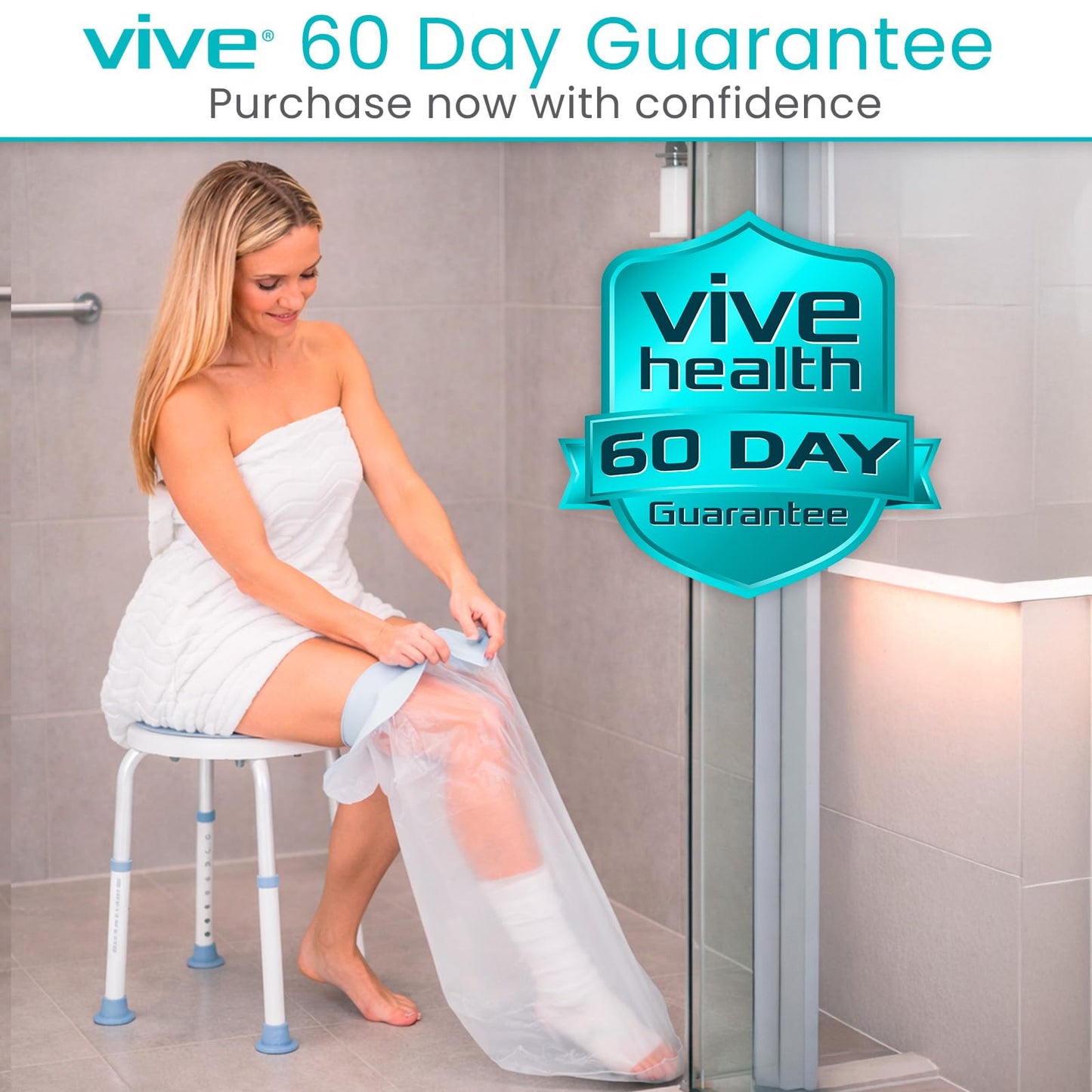Vive Cast Cover for Shower Leg - Waterproof, Patented Seal - Adult Cover Bag for Showering After Surgery - Also for Broken Foot, Ankle, Knee, Toe, Bandages, Wounds, Baths - Watertight & Submersible