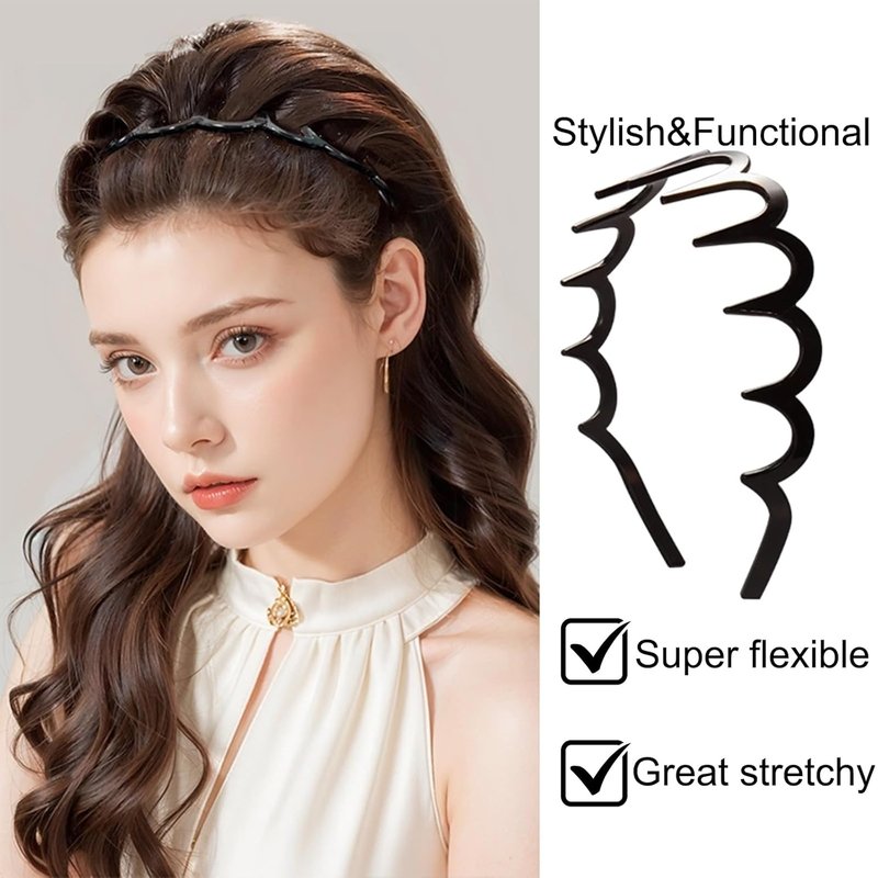 Zig Zag Headbands Set - 6 PCS Plastic Hair Accessories for Women & Men | Premium Bright Black