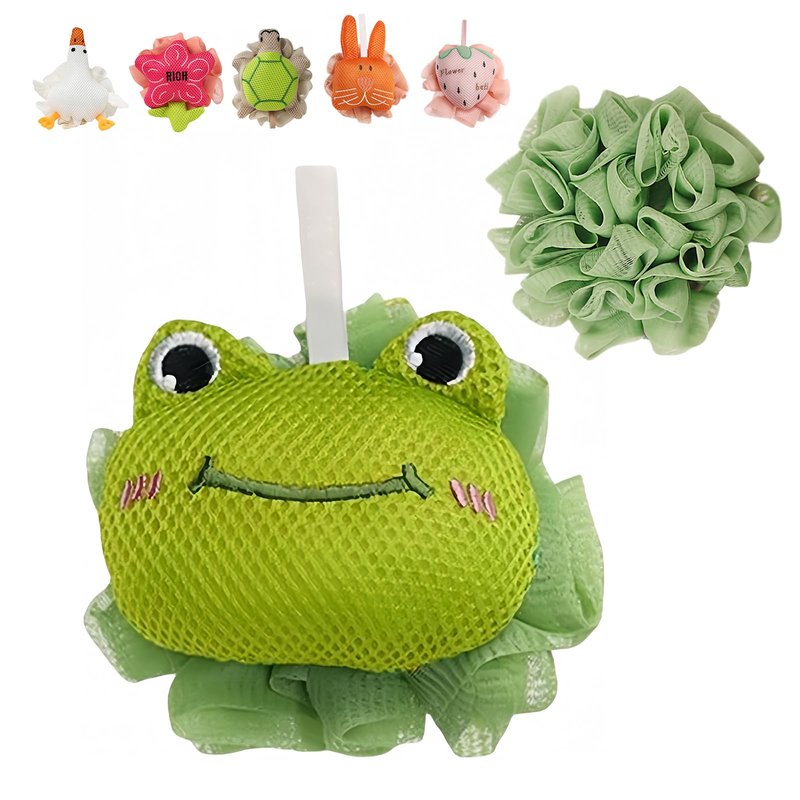 Kids Loofah, Cute Cartoon Animal Kids Bath Sponge with Hanging Rope, Soft Double Mesh for Rich Lather (Green Frog)