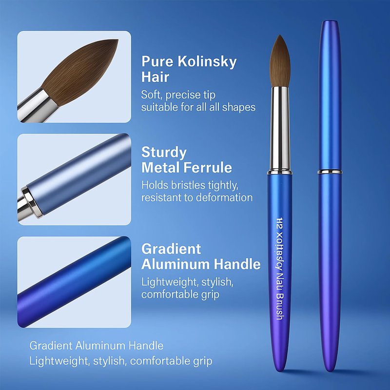 Kolinsky Hair Acrylic Nail Art Brush - Oval Crimped Tip for Precision, Gradient Blue Metal Handle | Size #8