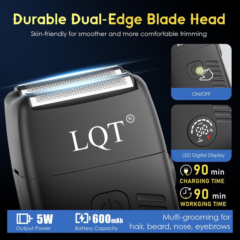LQT Men's Professional Cordless Hair Clippers & Trimmer Kit, 4-in-1 Electric Shaver Set with LED Display, Waterproof Body Groomer, Nose Trimmer & T-Blade for Bald Head, Full Barber Kit (Black)