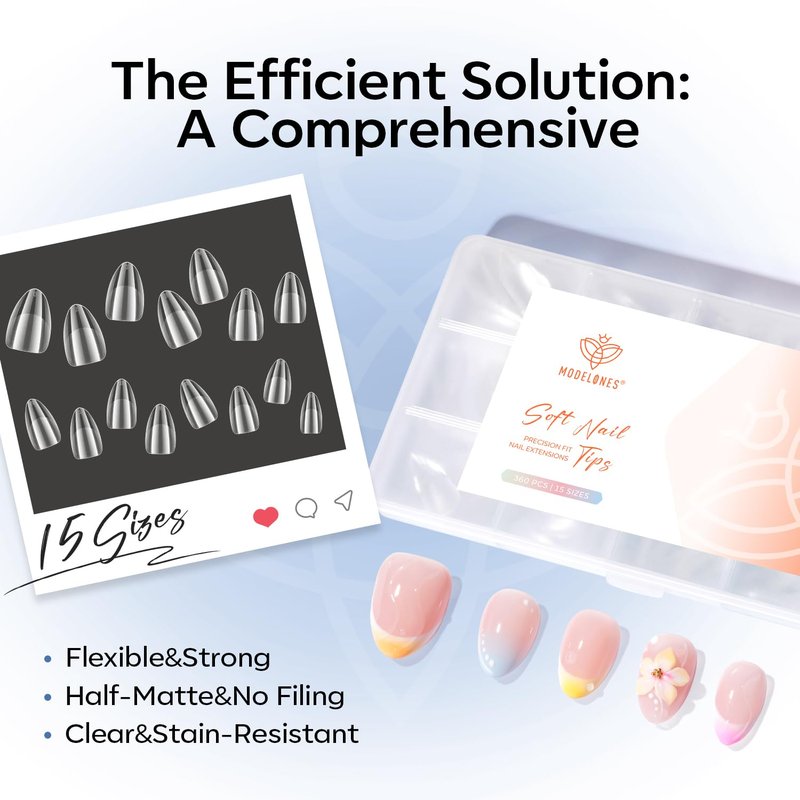 modelones Extra Short Almond Nail Tips, 360pcs Pre-etched Clear Soft Gel Nail Tips Fake Nails Press On Full Cover Half Matte 15 Sizes Acrylic Gel Tips for Extension Salon