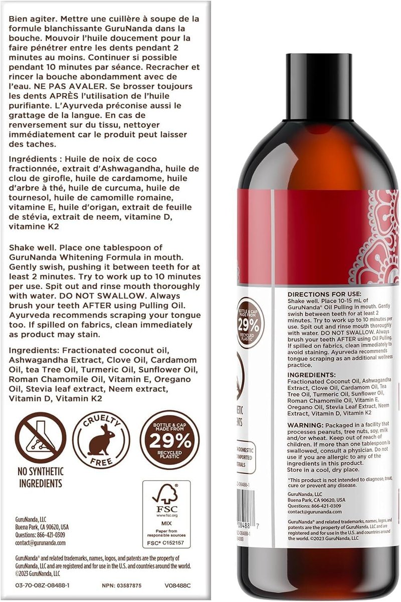GuruNanda Cinnamon Oil Pulling Mouthwash, Promotes Calmness, with Neem & Ashwagandha for Fresh Breath & Happy Gums, Alcohol-Free, with Toothbrush & Tongue Scraper, 8 Oz