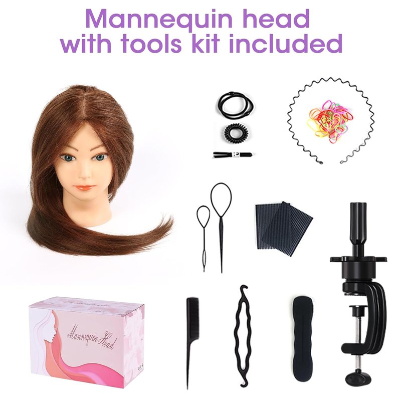 Skiennix Mannequin Head - 100% Human Hair Cosmetology Training Doll | 18'' Dark Brown with Blue Eyes