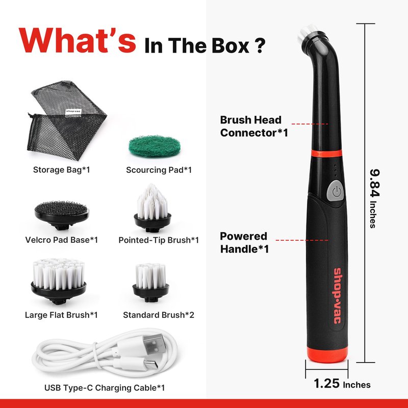 Shop-Vac Electric Spin Scrubber with 2000RPM Motor, 90Min Long Runtime with 5 Replaceable Head, LED Display and IPX6 Waterproof, Cordless Electric Scrubber for Cleaning Grout, Tile, Bathroom, Kitchen