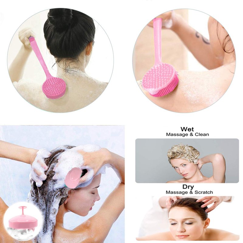 Cinlitek Silicone Body Scrubber & Scalp Massager, Long Handle Shower Brush, Exfoliating Scrubber for Men, Women & Kids