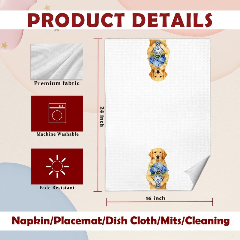 awdschkj Blue Chinoiserie Hydrangea Golden Retriever Kitchen Towels, Golden Retriever Lovers Gifts Dish Tea Towels, Grandmillennial Floral Dog Decorative Hand Towel for Bathroom, 16x24 Inches