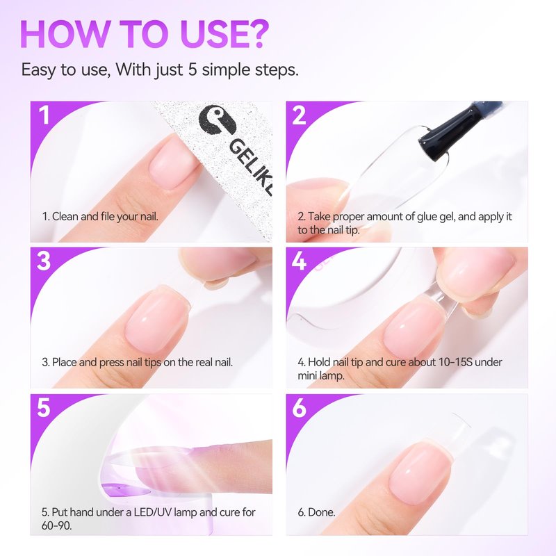Gelike EC Gel Nail Glue for Press Ons: 6 in 1 Strong UV Nail Glue for Nail Tips and Acrylic Nail - Long Lasting 28 Days Hold Quick UV Cure - Hema Free Formula for Beginner Friendly DIY for Home Salon