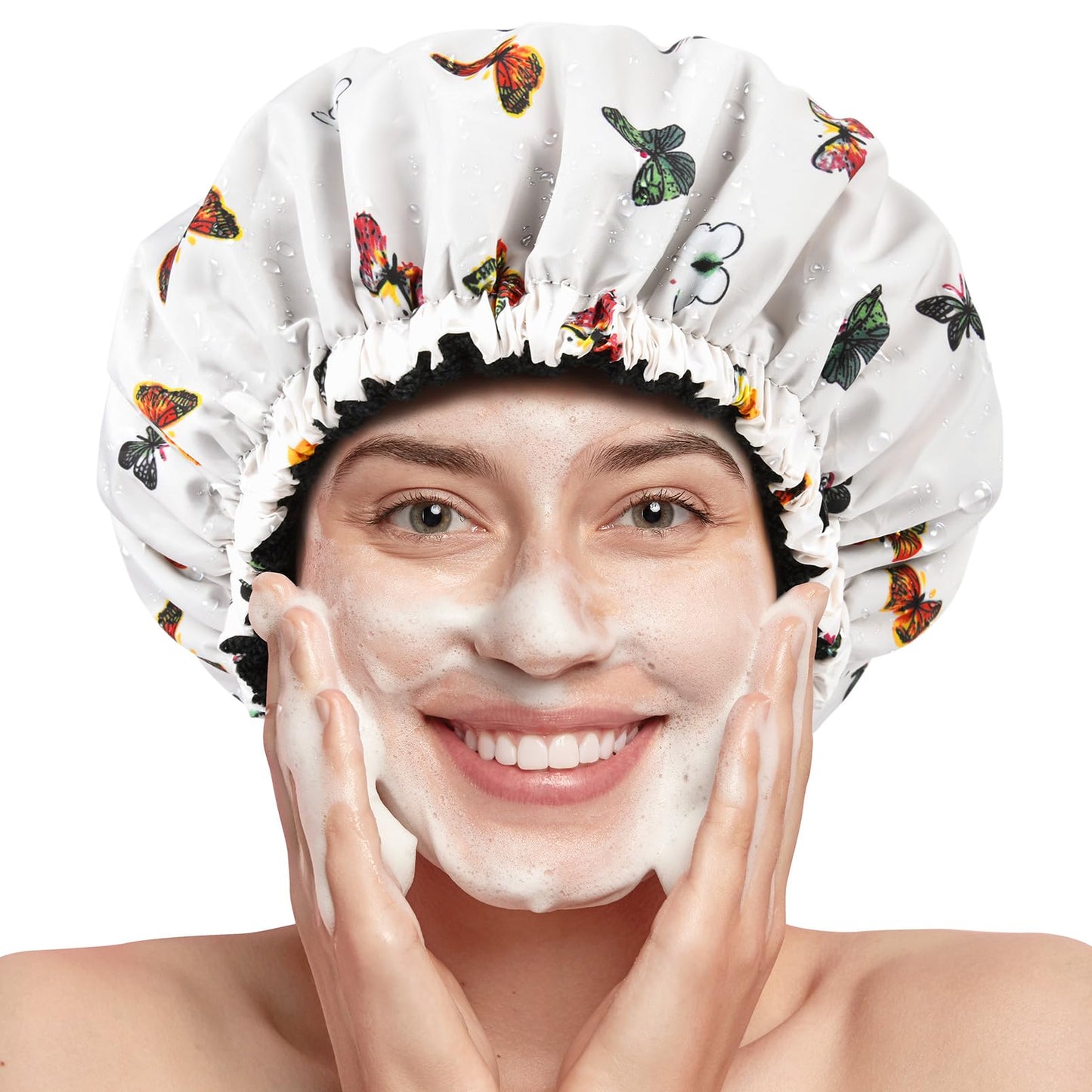 Shower Cap for Women Terry Lined Bath Cap Large Reusable Waterproof Elastic Band Butterfly Shower Caps for Long Thick Hair Soft Bath Shower Hair Caps