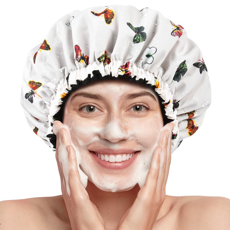 Shower Cap for Women Terry Lined Bath Cap Large Reusable Waterproof Elastic Band Butterfly Shower Caps for Long Thick Hair Soft Bath Shower Hair Caps