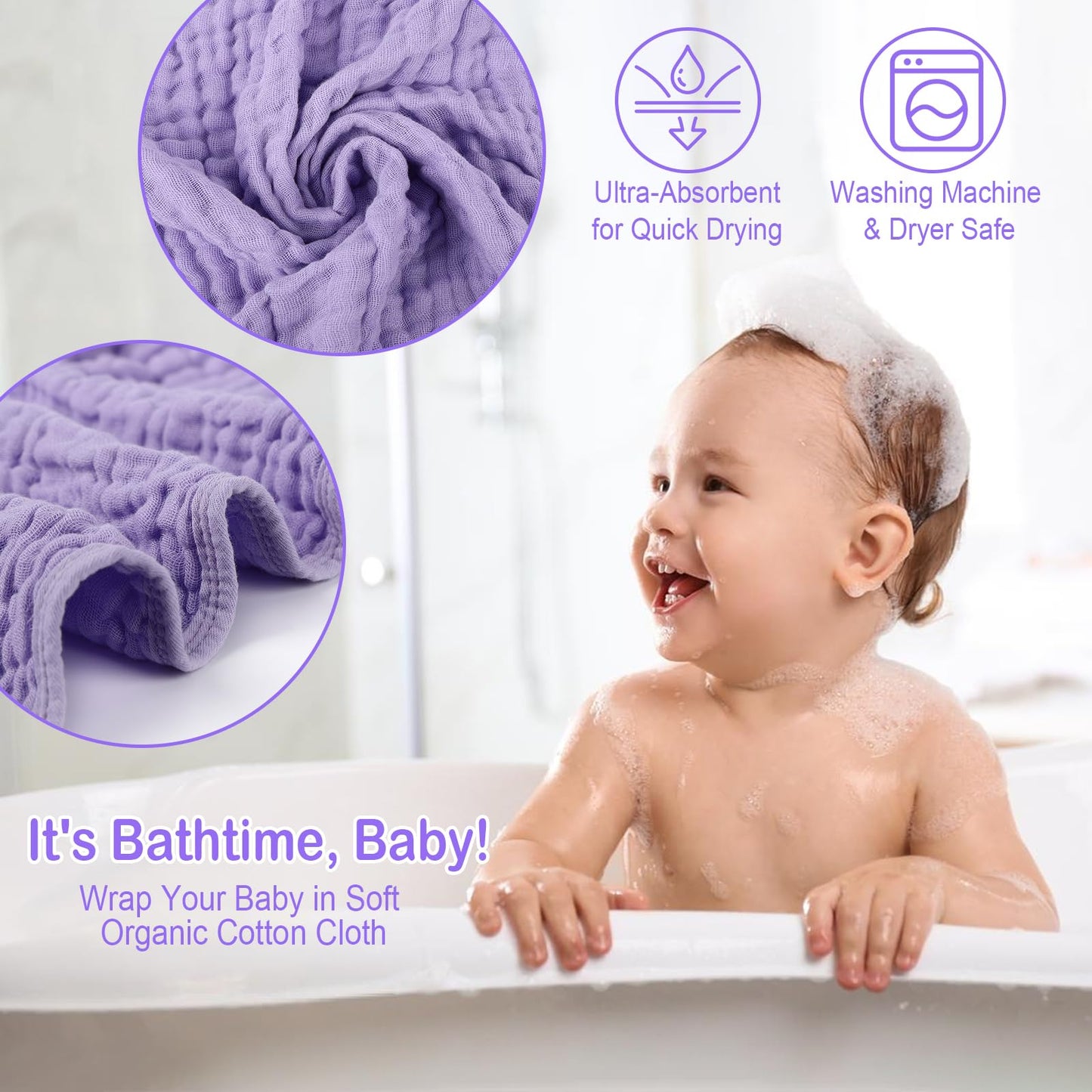 Synrroe 2 Pack Hooded Muslin Cotton Baby Towels, 32x32Inch, Pink & Purple