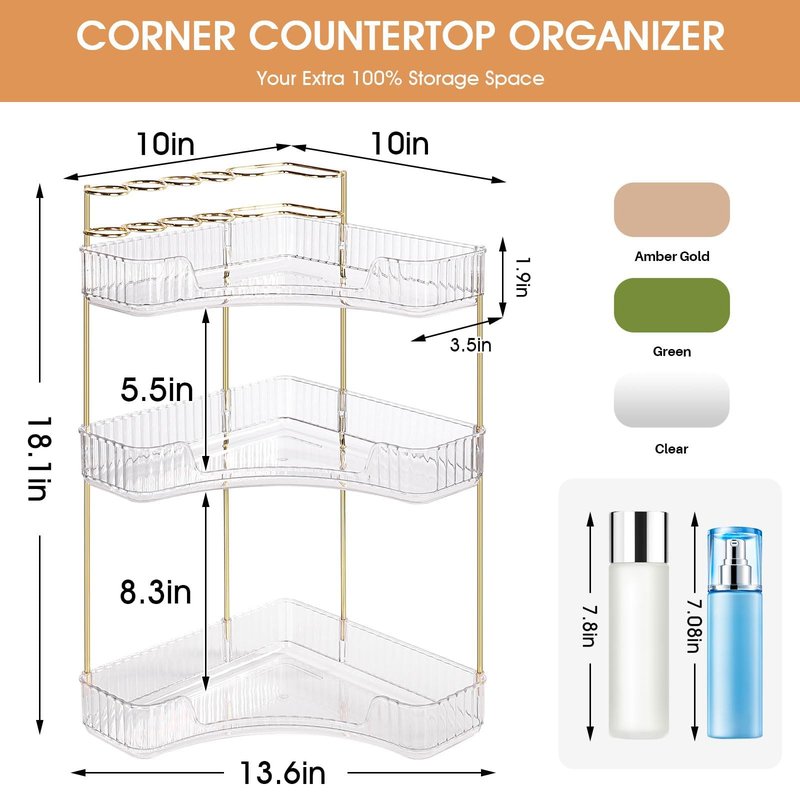 Corner Bathroom Counter Organizer, Vanity Trays for Bathroom, Skincare Makeup Organizer Shelf, Shelf Cosmetics, Toiletries, Lotions, Perfumes (3 Tiers, Clear)