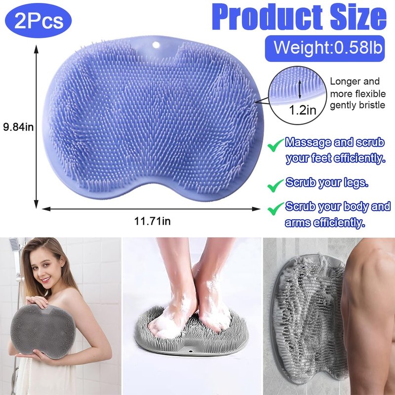 2 PCS Shower Foot & Back Scrubber Mat Hands Free Foot Massager Mat with Non-Slip Suction Cups, Wall Mounted Silicone Bathroom Wash Foot Pad Exfoliating Dead Skin Foot Brush (Grey & Purple)