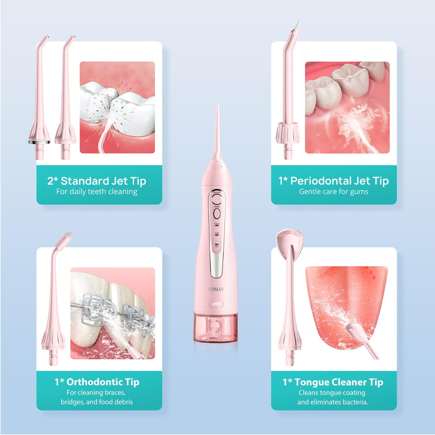COSLUS ADA Accepted Water Dental Flosser Teeth Pick C20: Portable Cordless Oral Irrigator 300ML Rechargeable Travel Irrigation Cleaner IPX7 Waterproof Electric Flossing Machine, Professional Set Pink