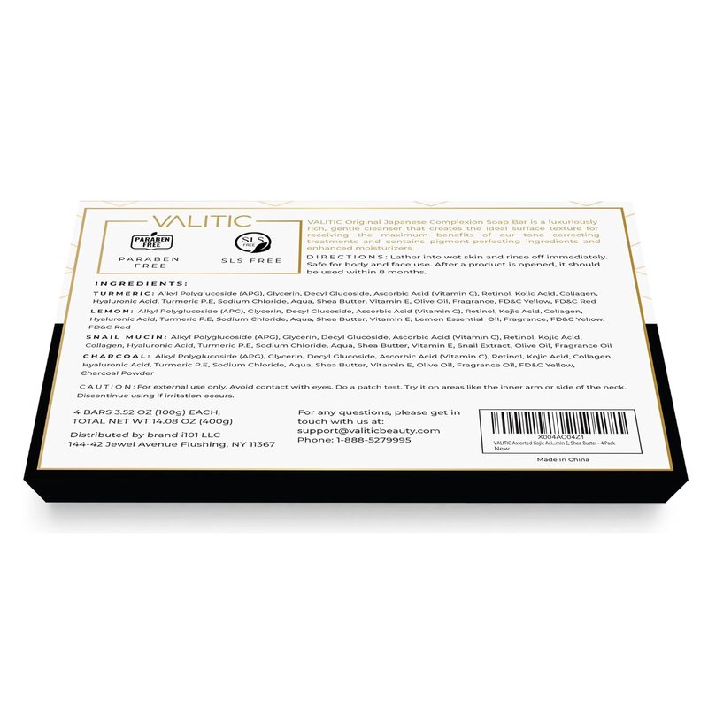 VALITIC Kojic Acid Soap Bars - Turmeric, Snail Mucin, Charcoal and Lemon - Holiday Skin Care Beauty Set Gift 4 Assorted Dark Spot Remover Soaps with Hyaluronic Acid, Vitamin C, Vitamin E, Shea Butter
