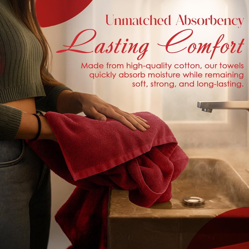 RIVERSIDE Pack of 8 Towels Set, 2 Large Bath, 2 Hand, 4 Face Washcloths, 100% Cotton Hotel Quality, Super Soft, Quick Dry, Highly Absorbent Perfect for Bathroom, Red