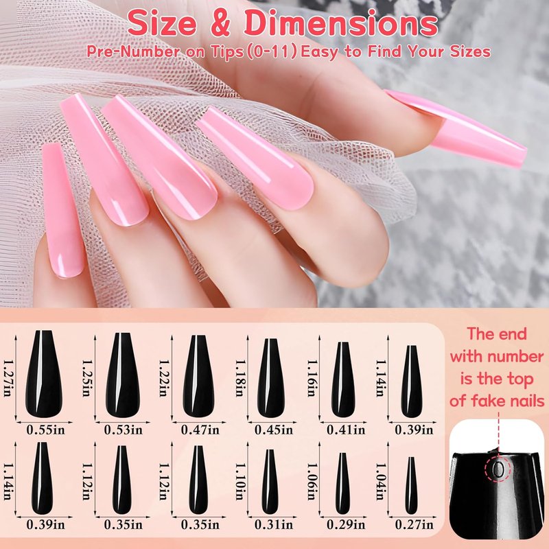 Skiennix 576pc Coffin Press-On Nails | Long Acrylic Fake Nails in 24 Colors with Glue & Tabs