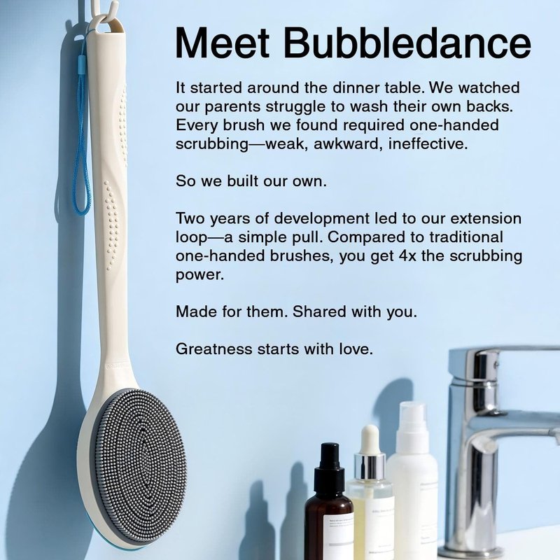 BUBBLEDANCE® Extendable Silicone Back Scrubber (17.5" to 32") – 2-Hand Grip for 4X Power, Curved Stiff Bristles, Non-Slip Long Handle Shower Brush for Deep Exfoliation - White (Stiff Bristles)