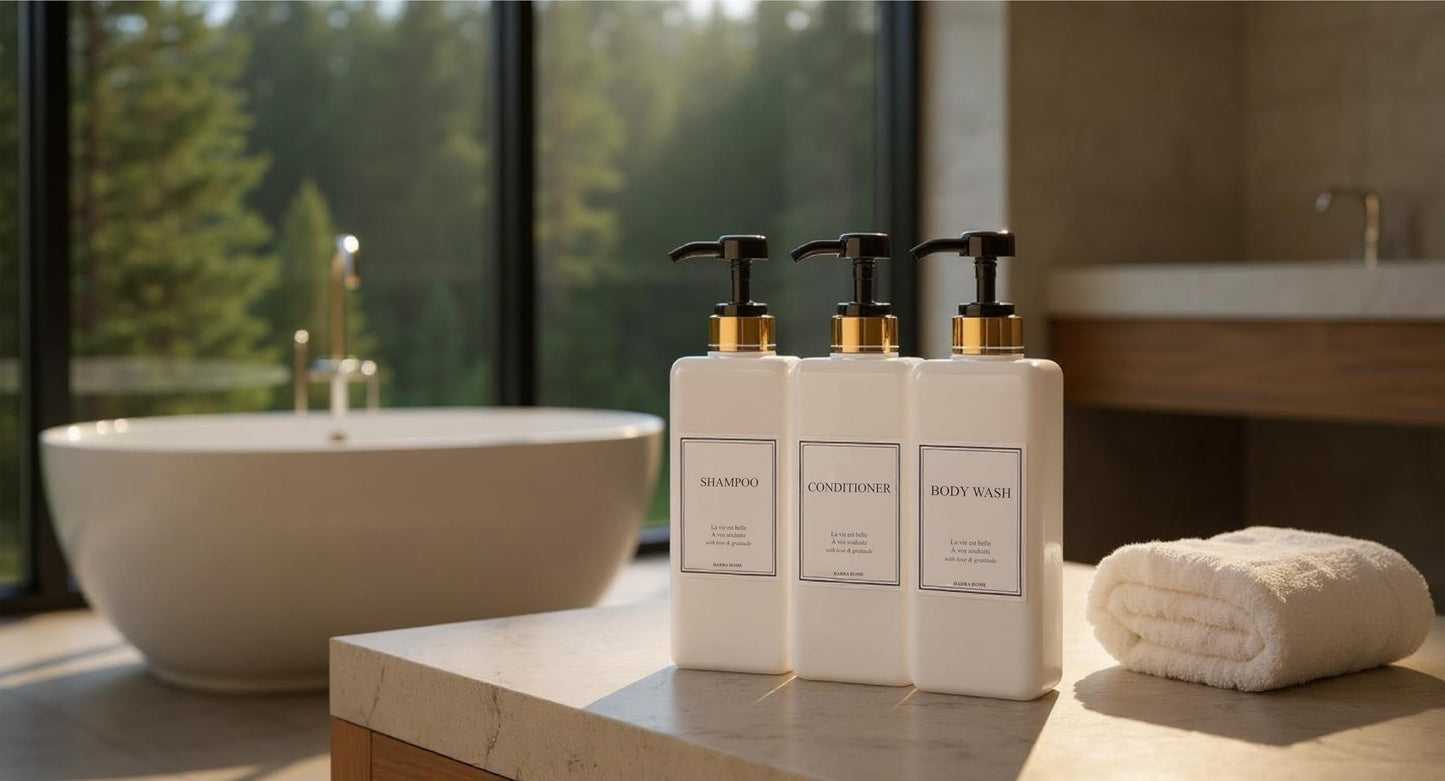 Modern Gold Design Shampoo and Conditioner Dispenser, Large 27oz Shower Soap Dispenser, Set of 3 Refillable Empty Plastic Pump Bottles for Bathroom and Body Wash (6 Waterproof Labels Included)