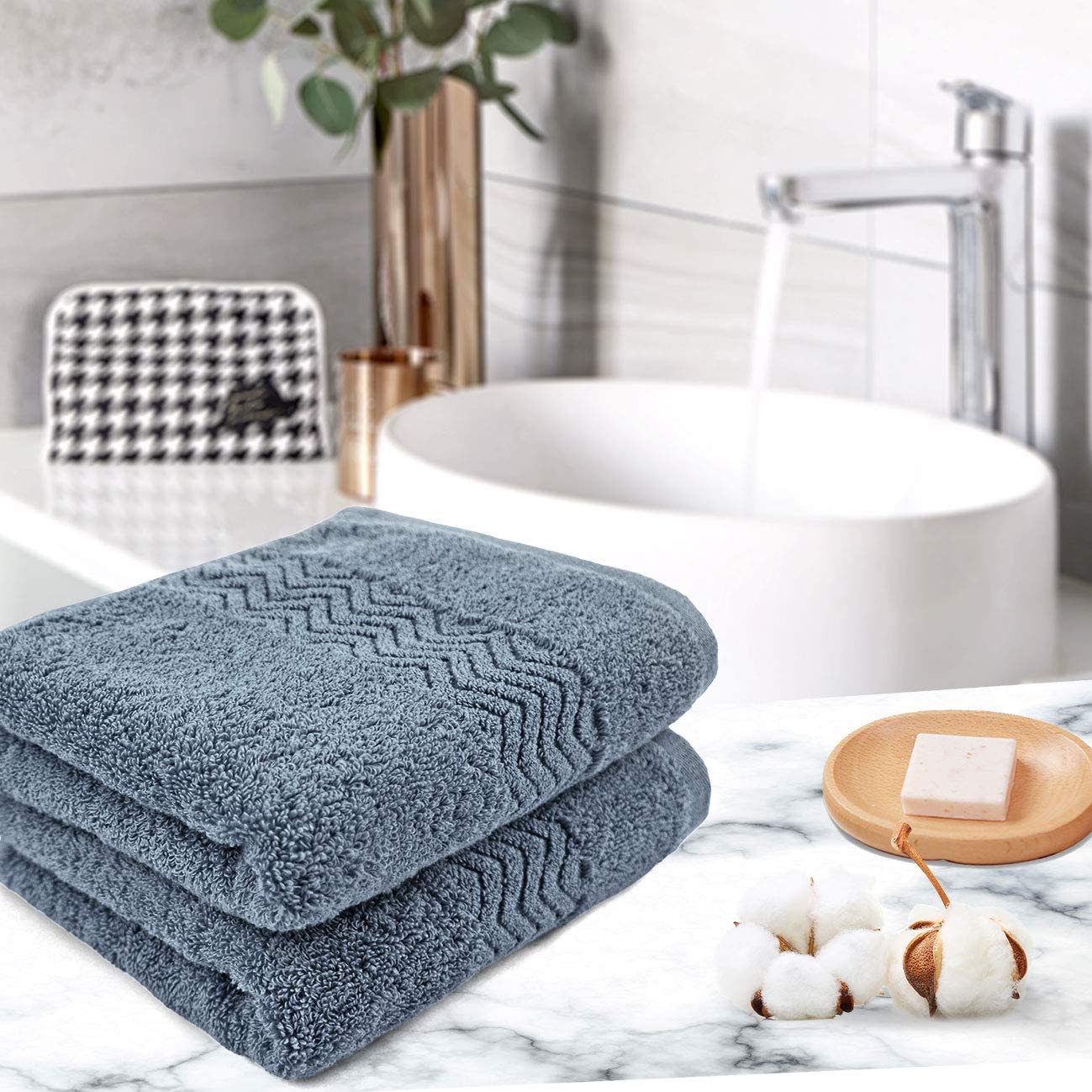 Cleanbear 100% Cotton Hand Towels, Highly Absorbent, Set of 2 (Blue-Grey), 13 x 28 Inches