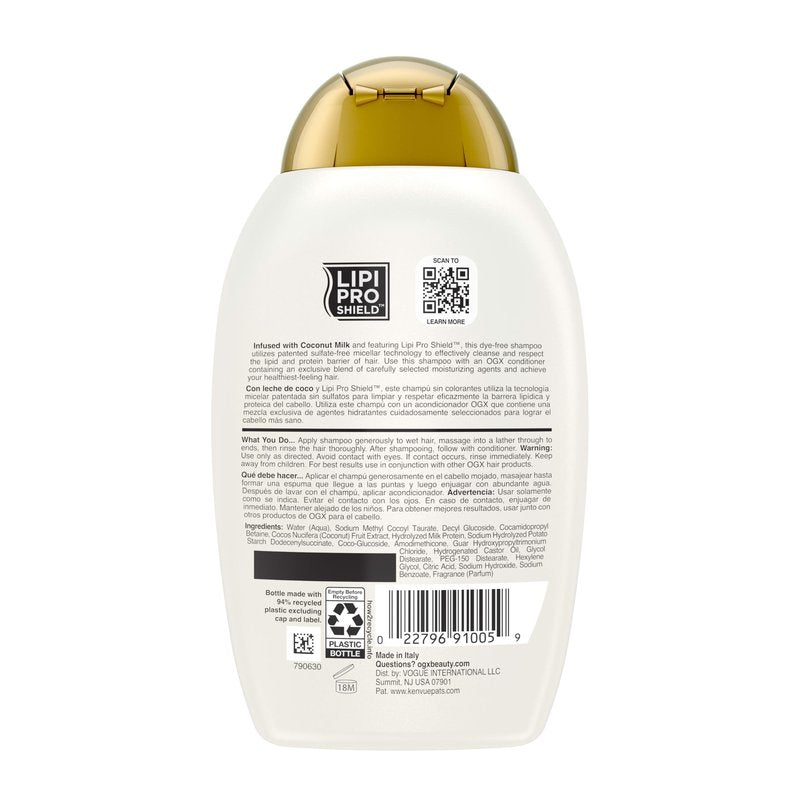 OGX Nourishing + Coconut Milk Moisturizing Shampoo, Hydrating & Restoring Shampoo Moisturizes for Soft Hair After the First Use, Paraben-Free, Sulfate-Free Surfactants, 13 fl. oz