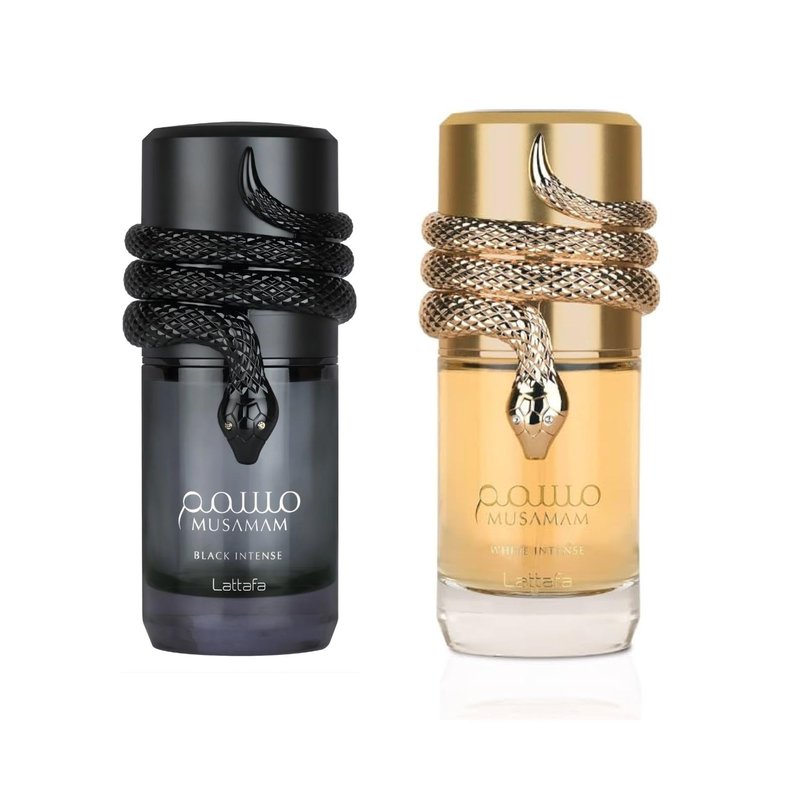 Lattafa Musamam White Intense & Musamam Black Intense Eau De Parfum Spray for Men & Women – Luxury Arabian Fragrance Duo Pack – Long Lasting Perfume Gift Set (100ml Each)
