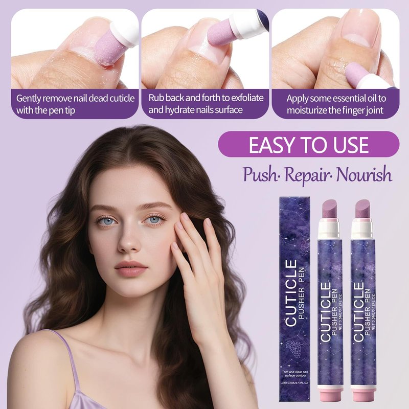 2-in-1 Cuticle Oil Pusher Pen, 2Pcs Ceramic Cuticle Remover Pen with Micro-Dosing Grape Seed Oil for Mess-Free Nail Care, Portable Manicure Buffer Pen for Repairing Dry Damaged Nails & Hangnails