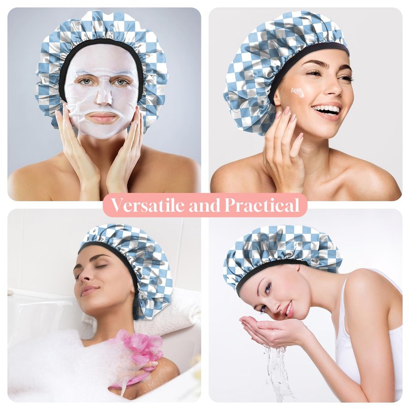 Zewurtuw Luxury Shower Cap Terry Cloth Lined EVA Waterproof Reusable Triple Layer Elastic Hair Bath Caps for Women Girls Cute-Cat Flower
