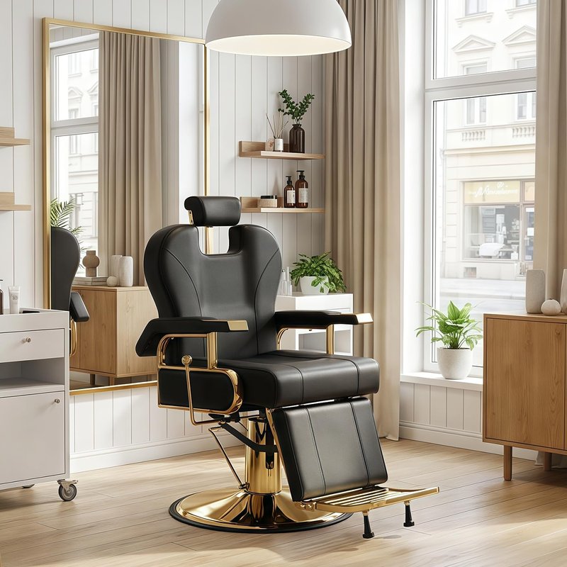 KIIUMI Barber Salon Chair, Black Gold Reclining Barbershop Chair, Heavy Duty Hydraulic Hair Stylist Armchair w/Footrest and Headrest, 360 ° Swivel Hairdresser Shampoo Spa Beauty Equipment