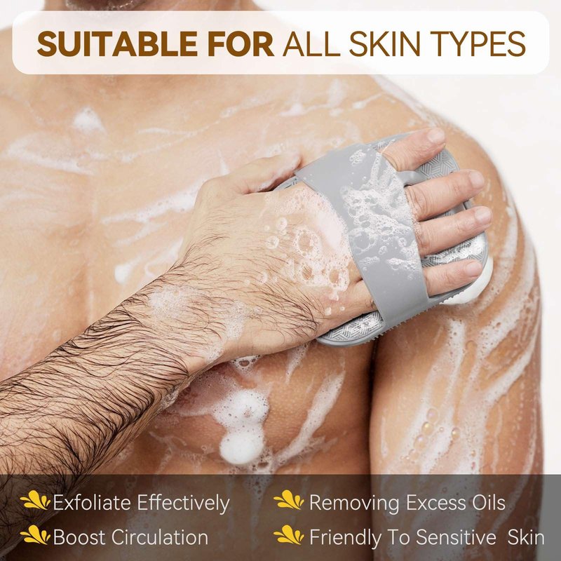 Zinc Infused Silicone Body Scrubber for Men, New Upgrade Deep Exfoliating Body Scrubber for Shower, Silicone Loofah Men for Sensitive Skin with Lathering Bristles and Ergonomic Non-Slip Handle (Gray)